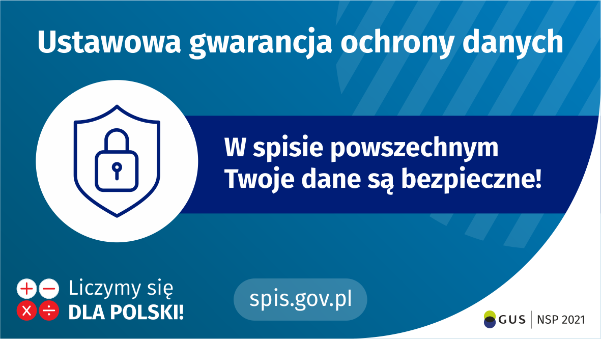 Na górze grafiki jest napis: ustawowa gwarancja ochrony danych. Poniżej po lewej stronie widać symbol tarczy i kłódki. Obok jest napis: w spisie powszechnym Twoje dane są bezpieczne! W lewym dolnym rogu grafiki są cztery małe koła ze znakami dodawania, odejmowania, mnożenia i dzielenia, obok nich napis: Liczymy się dla Polski! Na dole pośrodku jest napis: spis.gov.pl. W prawym dolnym rogu jest logotyp spisu: dwa nachodzące na siebie pionowo koła, GUS, pionowa kreska, NSP 2021.